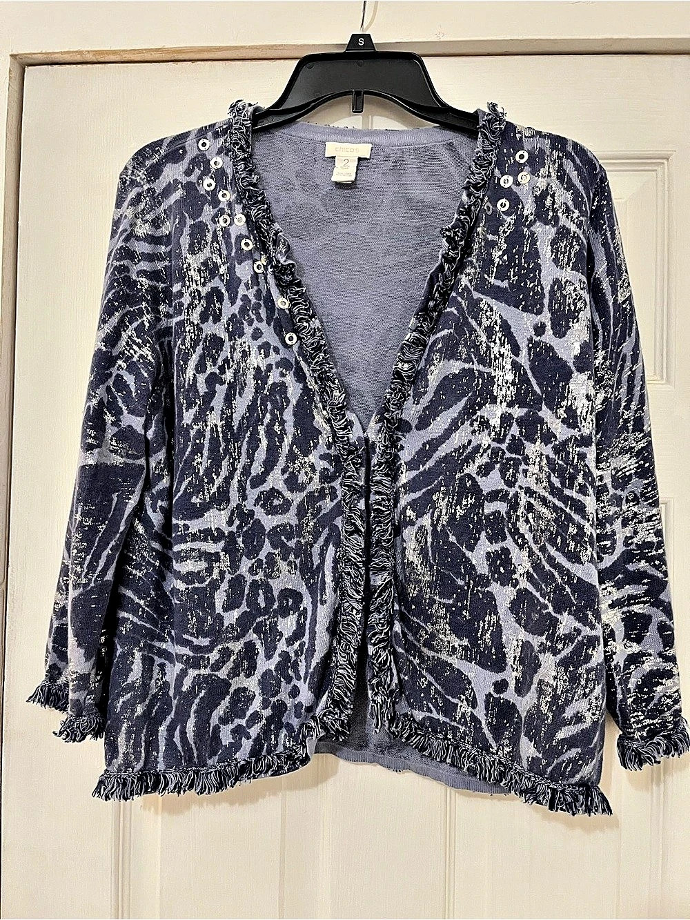Chico's Animal Print Fringe Cardigan Blue Gray Size 2